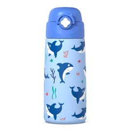 Ntswasd Boys Insulated Water Bottle with Covered Pop-Up Straw,16 oz Kids Cups with Stainless Steel Leak Proof for School（Blue-Shark）