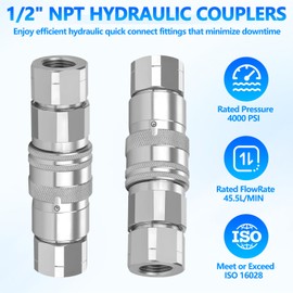 Cplbrb 1/2’’ NPT Flat Face Hydraulic Quick Connect Couplers/Couplings with Dust Caps, The Universal Bobcat Flat Face Quick Connect Fittings with with 1/2’’ Body ISO 16028 Standard-4Set