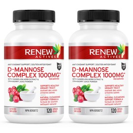 Renew Actives RENEW ACTIVES High Potency D-Mannose & Cranberry Complex 1000MG per Serving C With Hibiscus & Dandelion Extracts C Antioxidant Blend C No Artificial Flavours C Easy to Swallow - 120 Capsules (2pk)