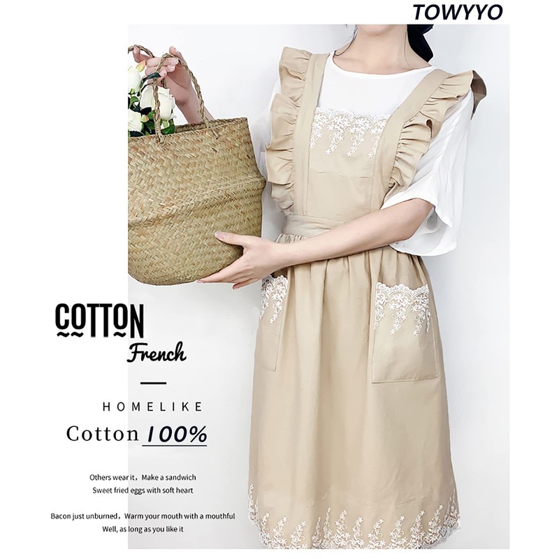 TOWYYO Women's Apron, Cute, One-piece Type, 100% Cotton, Fashionable, Ruffle,