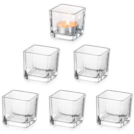 Portavelas de vidrio con costura de vidrio: juego de 6 portavelas cuadrados transparentes para mesa de centro de mesa, decoración de bodas