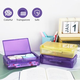 YILANCOL 1 Pack Double Layer Hard Pencil Cases, Plastic Translucent Pencil Box with Snap-Tight Lid for Pens, Pencils, School, Stylish Office Supplies Storage Organizer Box, Medium-sized (Purple)