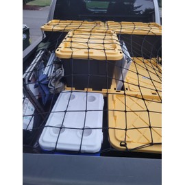 Rocky Mountain Goods Cargo Net for Truck Bed 6’ x 8’ - Stretches to 10’ X 14’ - Strong, Stretchy, Secure and Organize Cargo Net Spider Mesh Cover with 32 Hooks - Fits SUV, All Pickups, F150