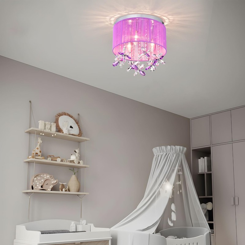 LaLuLa Purple Crystal Chandelier for Girls Bedroom, 3-Light E12 Flush