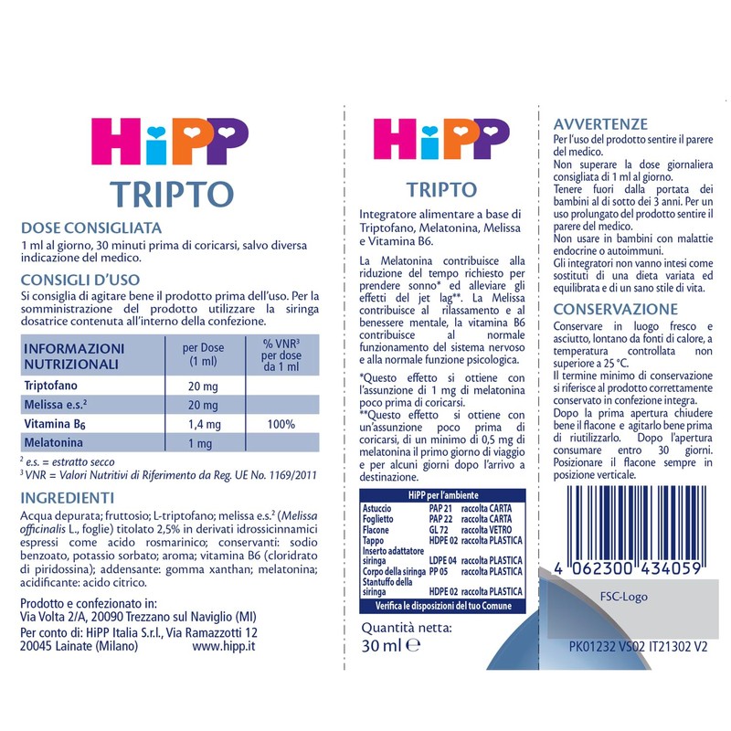 HiPP- HiPP TRIPTO, Integratore Alimentare, per un Sonno Ristoratore, Sonno,