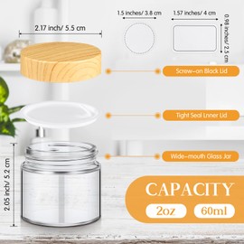 Layhit 36pcs Glass Jars with Lids Clear Small Jars with Plastic Woodgrain Lids, White Labels and Inner Liners Empty Round Cosmetic Containers for Creams Lotions Powder Ointments Candle Making (2 oz)