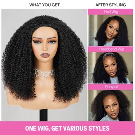 virginess Kinky Curly Half Wig Human Hair Wear Go Glueless Wigs 16 Inch Curly 3 In 1 Half Wigs for Black Women Drawstring Seamless Flip Headband Wig Human Hair Beginner Friendly