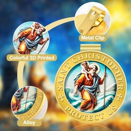 Saint Christopher Medal for Car, St Christopher Visor Clip, 3D UV Printed Colorful Bless Driving Safety Gift for Families, Friends, New Drivers (Ancient Gold)