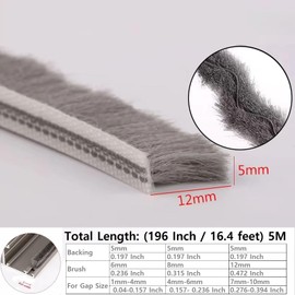 Zjclx 5m (16feet) Brush Weather Striping Card-Slot Seal Strip Pile Weatherstrip Door Sweep Brush for Door Window (5mm x 12mm (3/16" 1/2"), Gray)