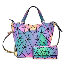 Aurodyne Geometric Luminous Crossbody Bag Set Reflective Holographic Handbag with Adjustable Shoulder Strap Unique Multi Compartment Magic Color Changing Premium Bundle