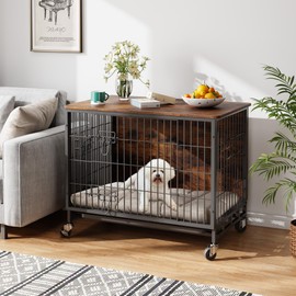 Dog Crate Furniture for Medium Dogs, 32.5" L x 21.9" W x 25.2" H Indoor Kennel with Double Doors, Wheels & Removable Tray, Sturdy Dog Cage with Easy Assembly, Rustic Brown