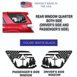 Fit for Toyota 4Runner (2010-2024) | Precut American Flag Cross Mountain Forest Scene Window Decals | Proudly Made in The USA | Matte Black (US Flag Cross Mountain)