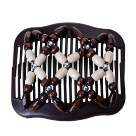 LOVEF Women Magic Hair Combs Wood Beaded Stretch Double Side Combs Clips Bun Maker Hair Accessories (Beige)