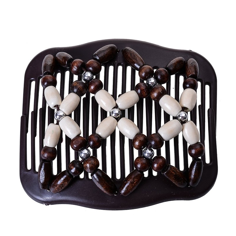 LOVEF Women Magic Hair Combs Wood Beaded Stretch Double Side