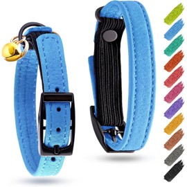 Blue 6" - 8" Leather Cat Collar with Bell & Elastic Strap - Pet Collar Leather - Leather Kitten Collar - Cats Small and Big Cat Collar for Boy Cats, Girl Cats with Safety Elastic Strap