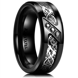 King Will GEM 8mm Black Fiber Paper with Zircon Inlay Titanium Ring Celtic Dragon Comfort Fit Wedding Band 8