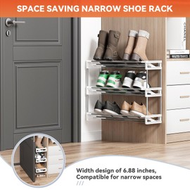 DEYILIAN 3 Tier Wall Mounted Shoe Rack, Over The Door Small Shoe Rack Longer Narrow Shoe Storage Holds 8 Pairs of Shoes Space Saving Strips Organizer for RV Organization and Storage White