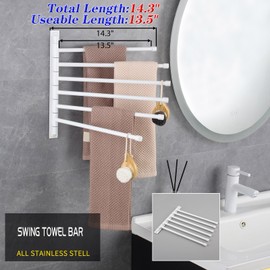 GERZWY Bathroom 6 Arms Swing Arm Towel Bars Wall Mount Bath Towel Rack Hanger Stainless Steel Towel Holder Organizer, White