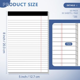 10 Pack of Legal Pad Writing Pads 5" x 8" Notepad 80gsm Recycled Paper Small Legal Pads 25 Lines Note Pads Perforated Legal Pads 120 Sheets Single-Sided Printed Legal Pads for School, College, Office