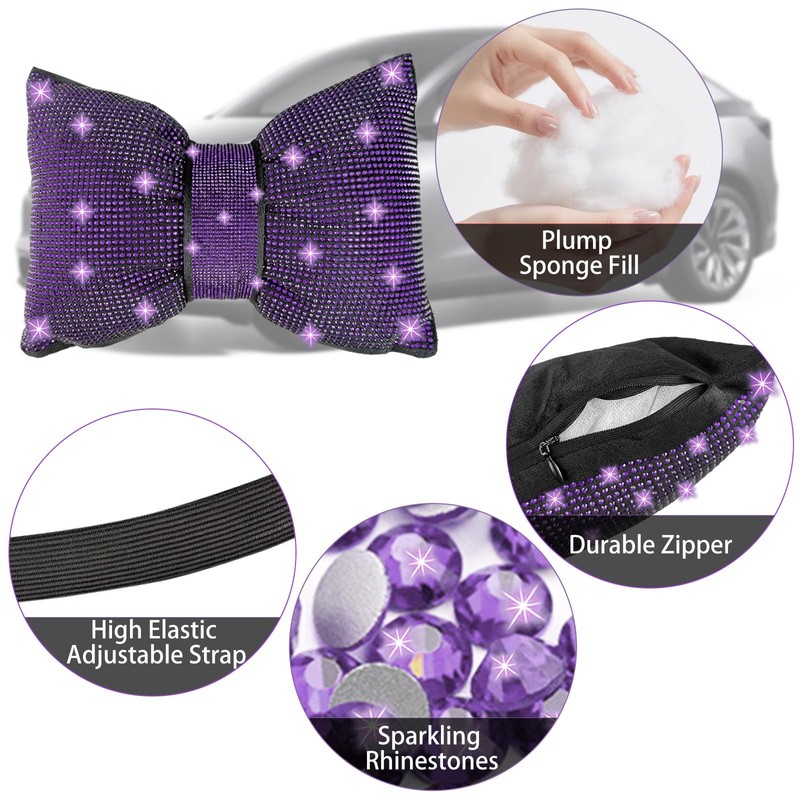2 Pack Bling Car Pillows, Rhinestone Bow Pillow for Car,