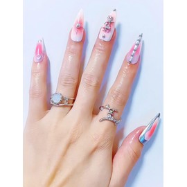 CAMILCY Press on Nails Handmade Nails Luxury Reusable Fake Nails For Girls Long Almond Armor Tip Pink Diamonds Hand Painted Salon Loveful Design Acrylic Gel UV Finished 3D Nails 10PCS(B18, M)