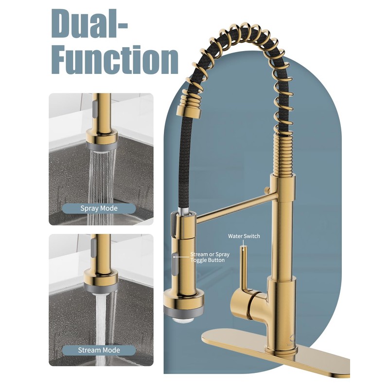 Casavilla LED Kitchen Faucet, Brushed Gold Kitchen Faucet with Soap