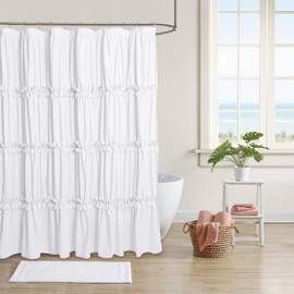 BRHF Farmhouse Ruffle Shower Curtain with Handmade Ruched, Vintage Ruffled Fabric Shower Curtains for Master Bathroom, Decorative Elegant Bathroom Curtain with 12 Holes, White, 72" W x 72" H(N60049)