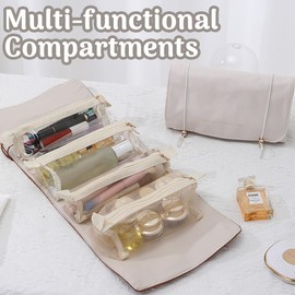 Bailanteバイランデ Large Capacity Travel Makeup Bag for Women, Pu Leather Cosmetic Bag with Handle and Divider, Flat Lay Waterproof Makeup Case Organizer Portable Toiletry Bag for Girls - White