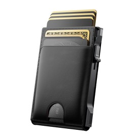 avanture Wallet for Men Card Holder: Pop Up Card Case, Genuine Leather, Smart, RFID Blocking, Slim, Minimalist, Thin, Front Pocket - 12 Card Capacity, ID Window, Money Clip (Black)