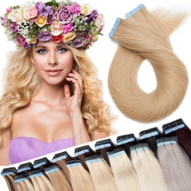 20 inch Tape in Hair Extensions Human Hair [2.5g*40pcs] #24 Natural Blonde 100% Remy Real Invisible Hairpieces for Women Skin Weft Straight (100g)