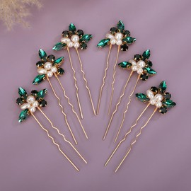 Teyglen 6pcs Crystal Pearl Bridal Hair Pins Green Rhinestone Wedding Hair Pins Clips Set Handmade Rhinestone Hair Piece Decorative Hair Accessories for Women Bride Girls (Peacock green)
