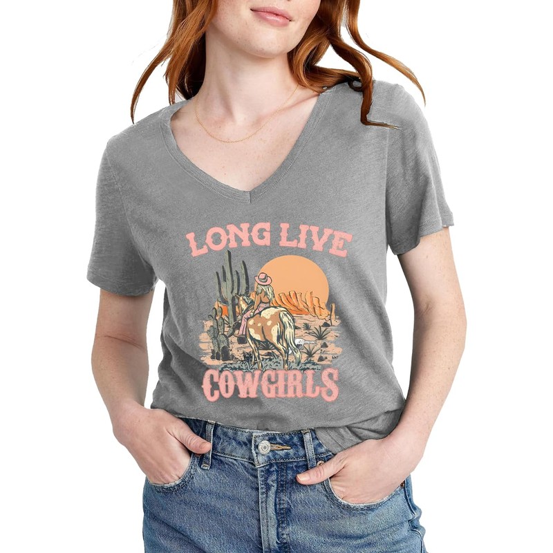 OUMASK Women Long Live Cowgirl Shirt V-Neck Cactus Graphic Tees
