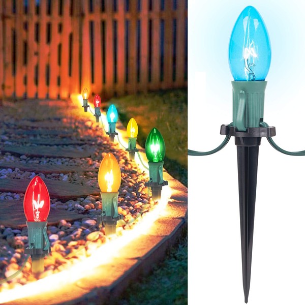 C9 Christmas Pathway String Lights, 25.7 Ft C9 20 Lights with 20 Multicolored Glass Bulbs and 20 Stakes Connectable Waterproof for Outdoor Indoor Xmas Party Holiday Commercial Decoration, Green Wire