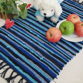 Chindi trapo Alfombra, lavable a máquina. Reversible de Algodón trapo alfombra tejida a mano Multi Color rayas zona alfombra piso alfombra para recámara, salón, cocina y sala de lavandería, Azul, 1