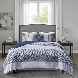 Madison Park Breathable Coverlet Bedspread Bedding Set Matching Shams, Decorative Pillow, Full/Queen (90 in x 90 in), Bennett, Navy 4 Piece