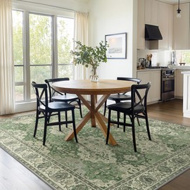 Bavni 8X10 Area Rugs, Floral Washable Rugs for Living Room, Non Slip Indoor Large Carpet for Bedroom, Boho Low Pile Dorm Rug, Lightweight Vintage Rugs for Dining Room Office, Pale Green