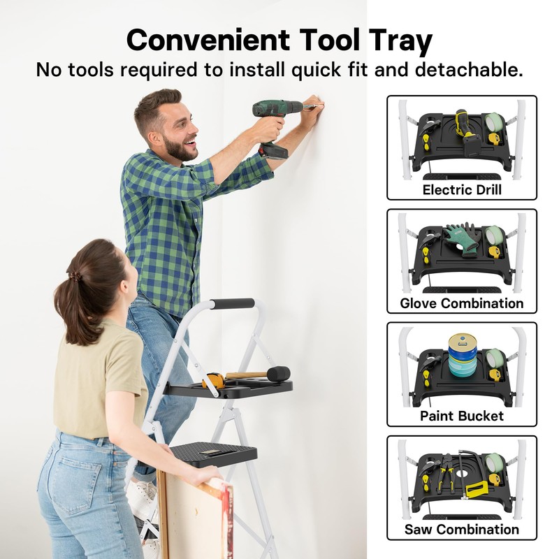 BONTEC 4-Step Ladder, Folding Step Stool with Tool Platform, Wide
