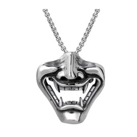PYNASA Stainless Steel Hannya Ghost Mask Half Face Pendant Necklace for Men Women,Titanium Steel Japanese Samurai demon mask Charm Jewelry Chain Necklace for Mens,24inch Chain