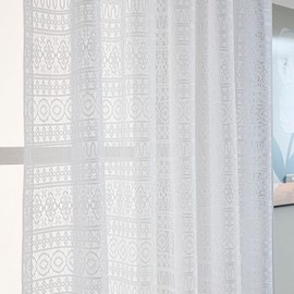 Taisier Home Boho Lace Sheer Curtains for Living Room, Vintage Rod Pocket Bohemian Curtains with Geometry Striped Knitted Lace Light Filtering Design, 72 inches Long 2 Panel Set for Bedroom, White