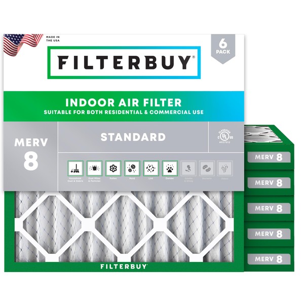 Filterbuy 25x25x2 Air Filter MERV 8 Dust Defense (6-Pack), Pleated