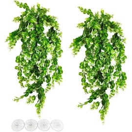 Hamiledyi Hanging Fake Plants for Reptiles, 2 Pack Fake Reptile Plants for Reptiles Tank with Suction Cup, Reptile Plants Jungle Hanging Vines for Bearded Dragon Tank (Green and White)