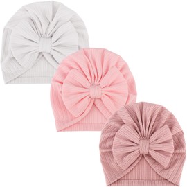 AQOKKA 3 PCS Newborn Baby Turban Hat Baby Bow Infant Cap Hats Knot Soft Cute Nursery Beanie Breathable Toddler Cap for Baby Girls