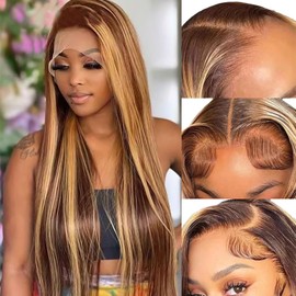 OOVVDA 30 Inch Highlight Ombre Lace Front Wig Human Hair 13x6 HD Transparent Straight Lace Front Wigs 200% Density 4/27 Colored Honey Blonde Wig for Women