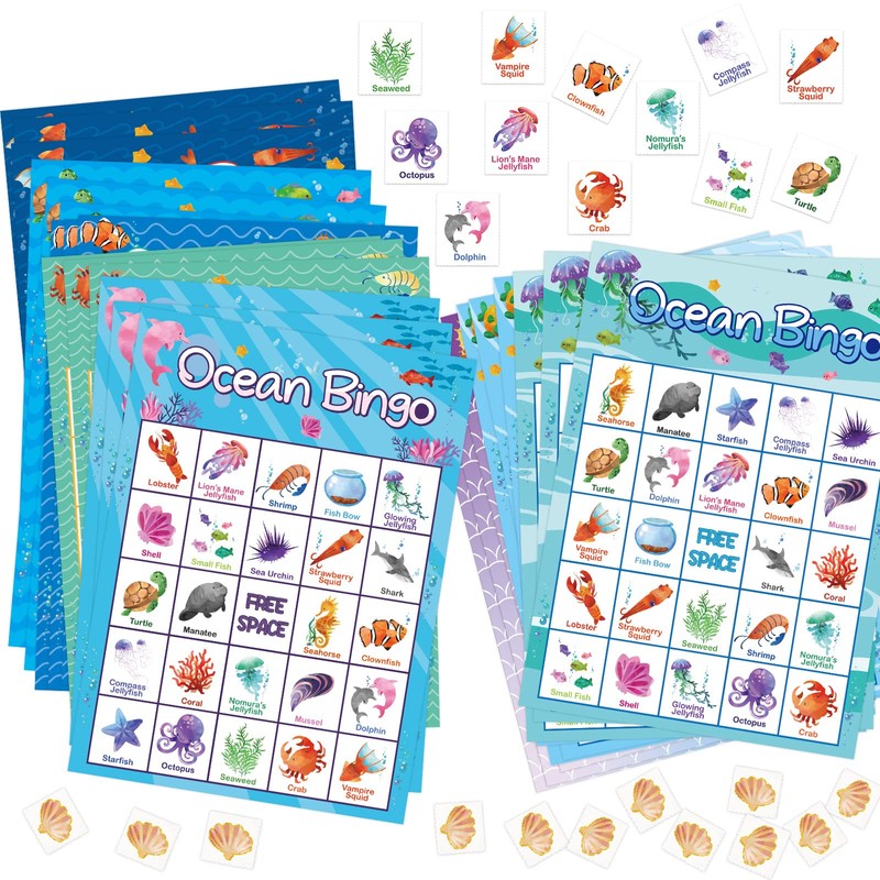 FANCY LAND Ocean Bingo Game 24 Players for Kids Under