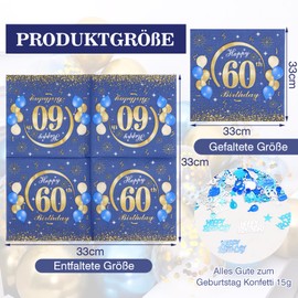 KASURE Pack of 50 Decorative 60th Birthday Boy Napkins with Happy Birthday Confetti, 33 x 33 cm 60 Birthday Decoration Napkins for Birthday Party, Blue & Gold 60th Birthday Girl Boy Anniversary