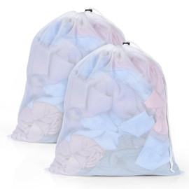 OTraki 2Pcs Mesh Laundry Wash Bag, 40x50cm Mesh Laundry Bag for Washing Machine Reusable Drawstring Laundry Bag Dirty Clothes Large Fine Laundry Bags for Bra Socks Garment (White)