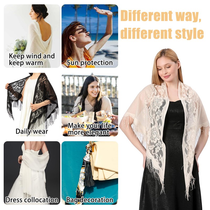 Shoulder Scarf Women's Summer Triangle Lace Stole Tassels Mesh Scarves