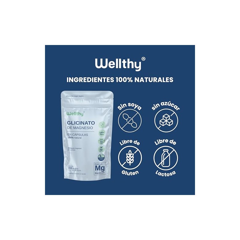 Wellthy Glicinato de Magnesio 220 Cápsulas 432mg. 100 Natural, Alta