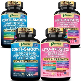 Parrox Cortisol & Myo-Inositol Supplement Bundle, Soothe & Smooth Bundle, Cortisol Balance, GABA, Magnesium, Ashwagandha, L-Theanine, D-Chiro Inositol, Folate, Berberine, Chasteberry, Zinc (2 Pack)