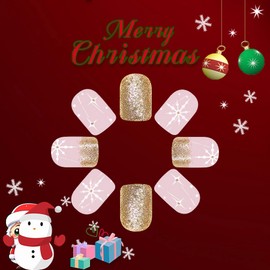 BABALAL Square Press on Acrylic Nails Short Fake Nails Gold Glue on False Nails Glitter Bling Winter Snowflake 24Pcs Christmas Squoval Manicure Stick on Artificial